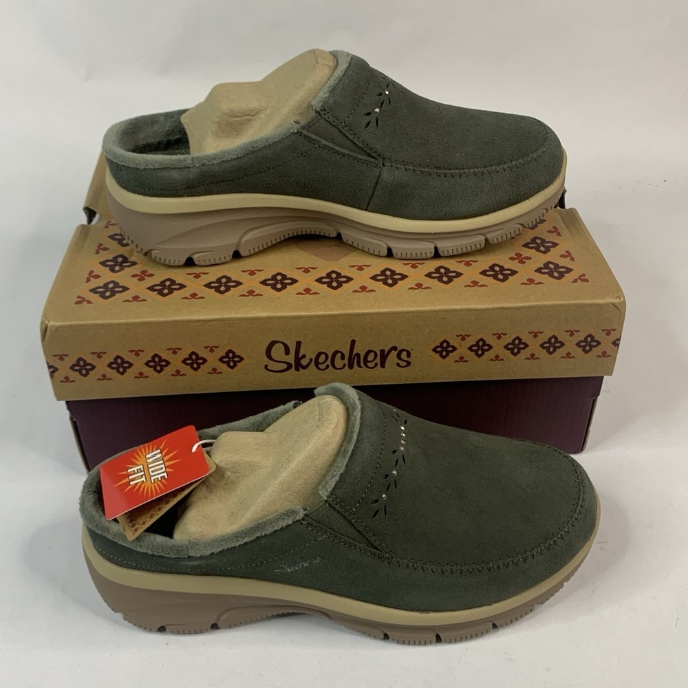 Skechers Easy Going Autumn Sweetheart Studded Suede Clogs 7.5W Olive - Picture 1 of 6